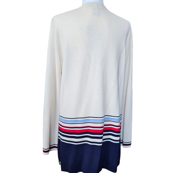 Jones&Co wool blend ivory tunic cardigan navy red striped bottom side slit L - Picture 4 of 15